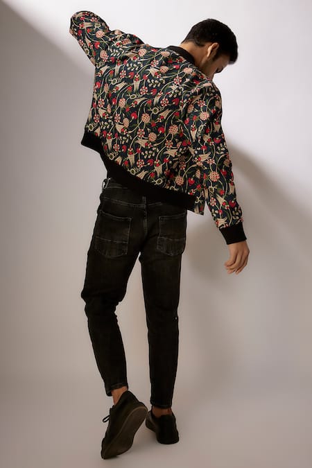 Nadima Saqib Black Floral Jaal Print Bomber Jacket