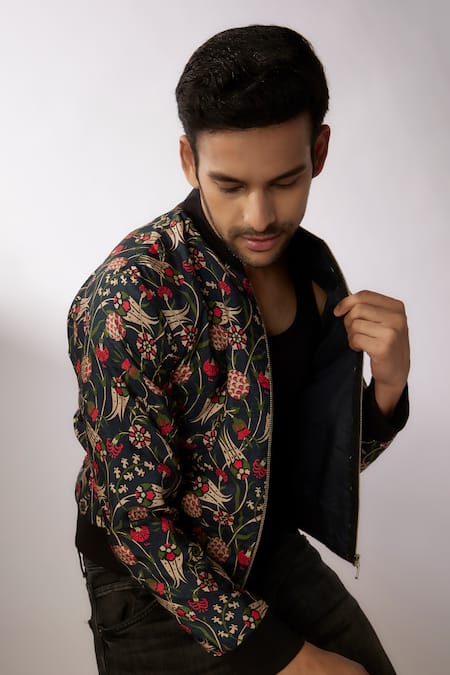 Buy Nadima Saqib Black Denim Embroidery Floral Jaal Print Bomber Jacket Online at Aza Fashions Buy_Nadima Saqib_Black Denim Embroidery Floral Jaal Print Bomber Jacket _Online_at_Aza_Fashions