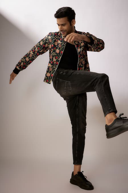 Shop Nadima Saqib Black Denim Embroidery Floral Jaal Print Bomber Jacket Online at Aza Fashions Shop_Nadima Saqib_Black Denim Embroidery Floral Jaal Print Bomber Jacket _Online_at_Aza_Fashions
