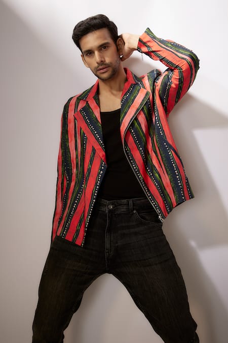 Nadima Saqib_Blue Denim Stripe Print Jacket _Online_at_Aza_Fashions