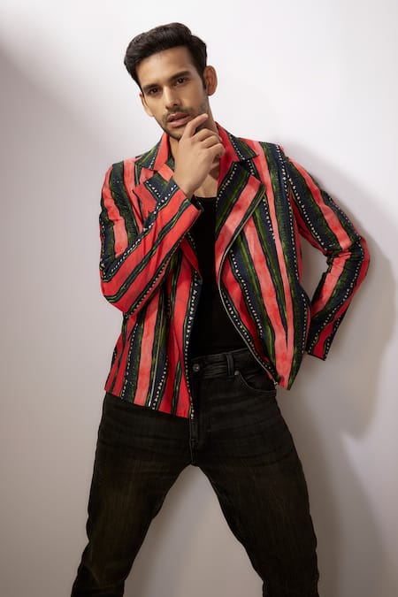 Buy_Nadima Saqib_Blue Denim Stripe Print Jacket _Online_at_Aza_Fashions