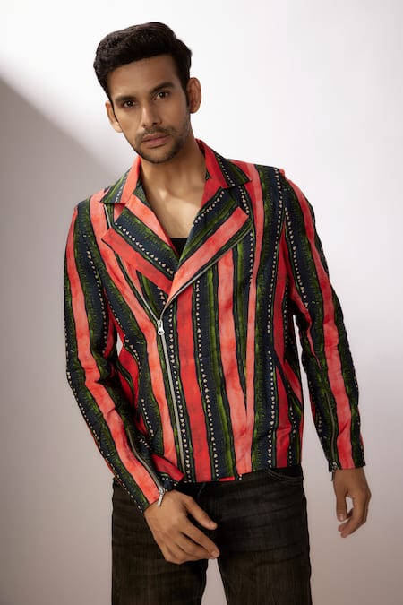 Shop_Nadima Saqib_Blue Denim Stripe Print Jacket _Online_at_Aza_Fashions