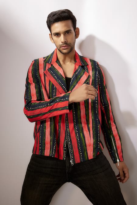 Nadima Saqib_Blue Denim Stripe Print Jacket _at_Aza_Fashions