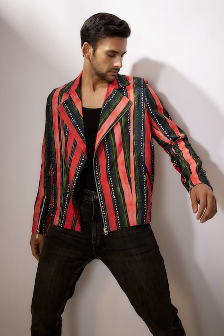 Buy_Nadima Saqib_Blue Denim Stripe Print Jacket 