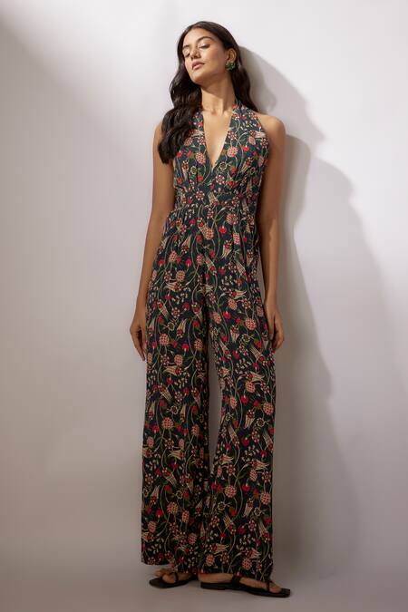 Nadima Saqib_Blue Crepe, Georgette Embroidery, Sequins, Floral Print Jumpsuit With Cape _Online_at_Aza_Fashions