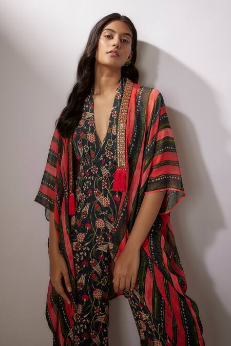 Shop_Nadima Saqib_Blue Crepe, Georgette Embroidery, Sequins, Floral Print Jumpsuit With Cape _Online_at_Aza_Fashions