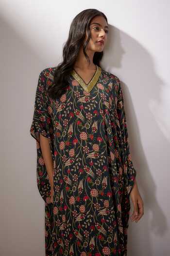 Buy_Nadima Saqib_Blue Crepe Sequins V-neck Floral Print Kaftan _Online_at_Aza_Fashions