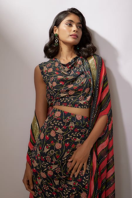 Buy_Nadima Saqib_Blue Crepe, Georgette Sequins Boat Neck Stripe Print Cape Draped Skirt Set _Online_at_Aza_Fashions