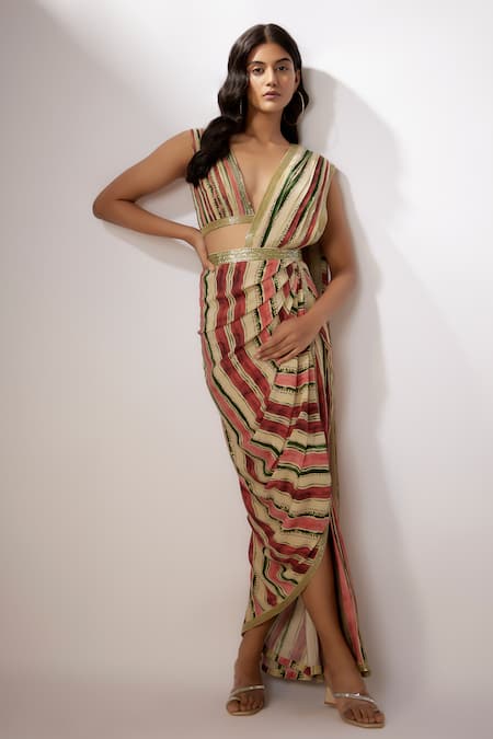 Nadima Saqib Stripe Print Pre-Draped Saree With Blouse 