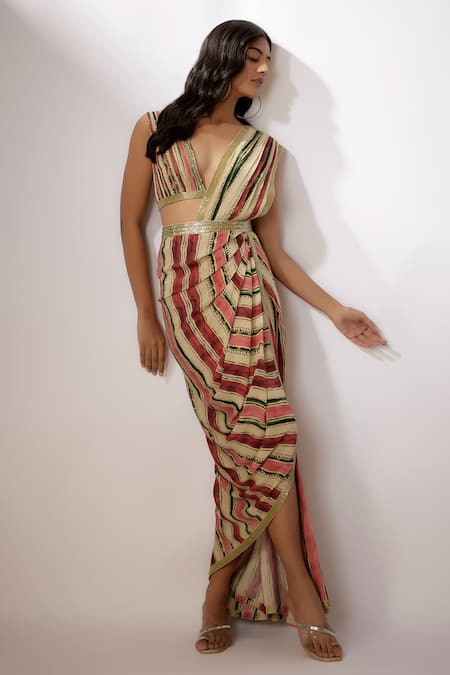 Buy_Nadima Saqib_Beige Crepe, Georgette Sequins Plunge Stripe Print Pre-draped Saree With Blouse _Online_at_Aza_Fashions