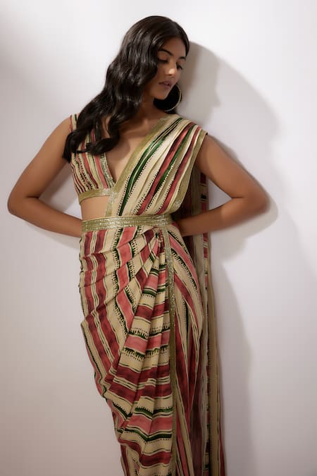 Shop_Nadima Saqib_Beige Crepe, Georgette Sequins Plunge Stripe Print Pre-draped Saree With Blouse _Online_at_Aza_Fashions