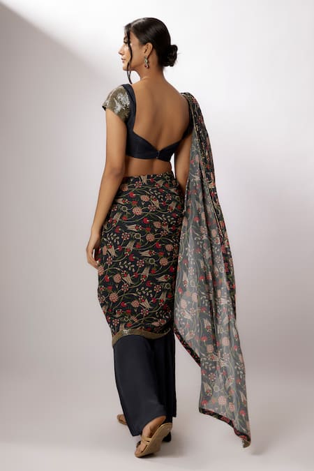 Shop Nadima Saqib Blue Silk, Georgette Sequins Sweetheart Printed Pre-stitched Saree With Blouse at Aza Fashions Shop_Nadima Saqib_Blue Silk, Georgette Sequins Sweetheart Printed Pre-stitched Saree With Blouse _at_Aza_Fashions