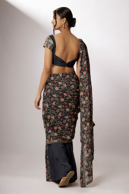 Nadima Saqib Blue Silk, Georgette Sequins Sweetheart Printed Pre-stitched Saree With Blouse Online at Aza Fashions Nadima Saqib_Blue Silk, Georgette Sequins Sweetheart Printed Pre-stitched Saree With Blouse _Online_at_Aza_Fashions