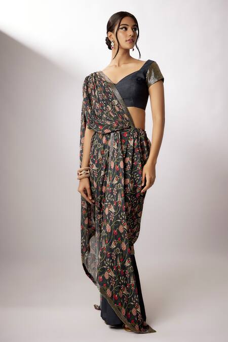 Buy Nadima Saqib Blue Silk, Georgette Sequins Sweetheart Printed Pre-stitched Saree With Blouse Online at Aza Fashions Buy_Nadima Saqib_Blue Silk, Georgette Sequins Sweetheart Printed Pre-stitched Saree With Blouse _Online_at_Aza_Fashions