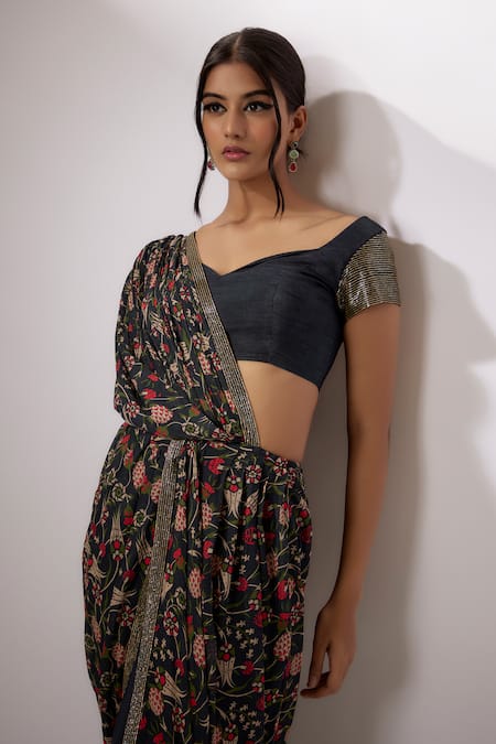 Shop Nadima Saqib Blue Silk, Georgette Sequins Sweetheart Printed Pre-stitched Saree With Blouse Online at Aza Fashions Shop_Nadima Saqib_Blue Silk, Georgette Sequins Sweetheart Printed Pre-stitched Saree With Blouse _Online_at_Aza_Fashions