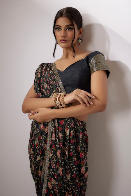 Nadima Saqib Blue Silk, Georgette Sequins Sweetheart Printed Pre-stitched Saree With Blouse at Aza Fashions Nadima Saqib_Blue Silk, Georgette Sequins Sweetheart Printed Pre-stitched Saree With Blouse _at_Aza_Fashions