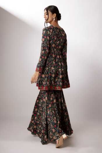 Shop Nadima Saqib Blue Crepe, Net Embroidery V-neck Printed Peplum Kurta Gharara Set at Aza Fashions Shop_Nadima Saqib_Blue Crepe, Net Embroidery V-neck Printed Peplum Kurta Gharara Set _at_Aza_Fashions