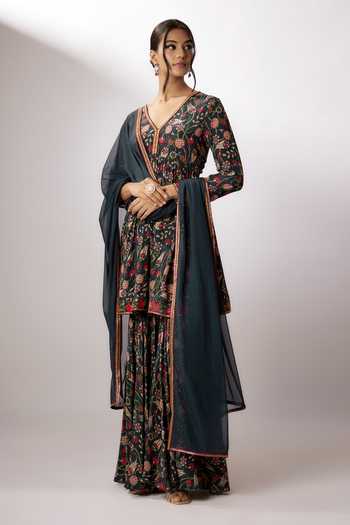 Buy Nadima Saqib Blue Crepe, Net Embroidery V-neck Printed Peplum Kurta Gharara Set Online at Aza Fashions Buy_Nadima Saqib_Blue Crepe, Net Embroidery V-neck Printed Peplum Kurta Gharara Set _Online_at_Aza_Fashions