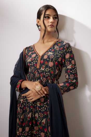 Shop Nadima Saqib Blue Crepe, Net Embroidery V-neck Printed Peplum Kurta Gharara Set Online at Aza Fashions Shop_Nadima Saqib_Blue Crepe, Net Embroidery V-neck Printed Peplum Kurta Gharara Set _Online_at_Aza_Fashions
