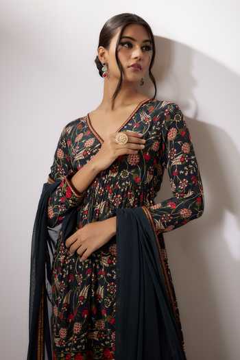 Nadima Saqib Blue Crepe, Net Embroidery V-neck Printed Peplum Kurta Gharara Set at Aza Fashions Nadima Saqib_Blue Crepe, Net Embroidery V-neck Printed Peplum Kurta Gharara Set _at_Aza_Fashions