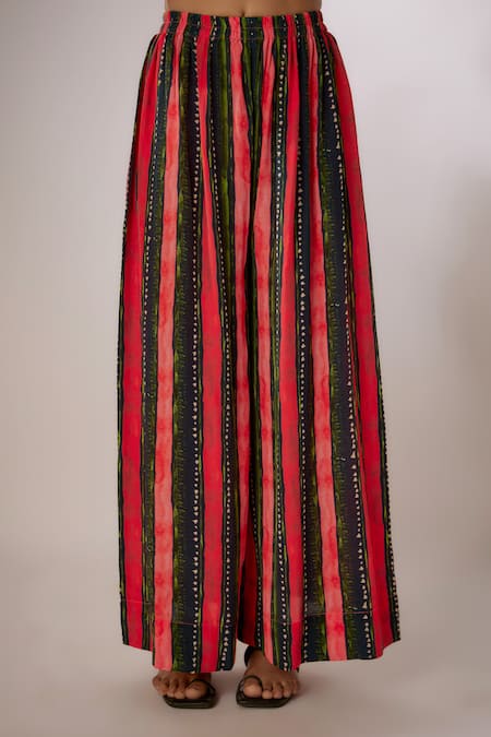 Buy_Nadima Saqib_Blue Crepe, Net Embroidery, Sequins Split V-neck Mughal Print Kurta Palazzo Set _Online_at_Aza_Fashions