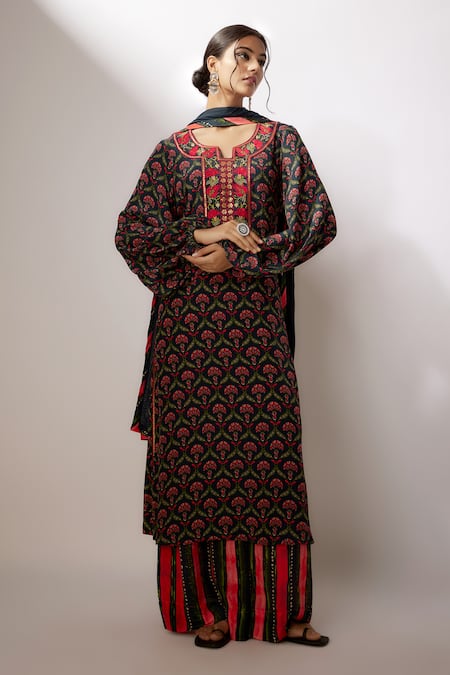 Shop_Nadima Saqib_Blue Crepe, Net Embroidery, Sequins Split V-neck Mughal Print Kurta Palazzo Set _Online_at_Aza_Fashions