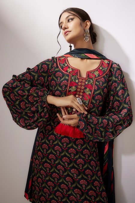Nadima Saqib_Blue Crepe, Net Embroidery, Sequins Split V-neck Mughal Print Kurta Palazzo Set _at_Aza_Fashions