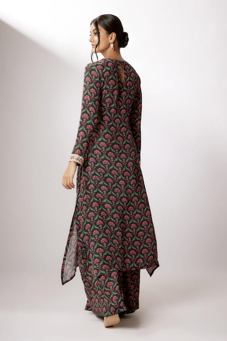 Shop Nadima Saqib Blue Crepe, Net Embroidery, Zari Keyhole Neck Bouquet Print Kurta Palazzo Set at Aza Fashions Shop_Nadima Saqib_Blue Crepe, Net Embroidery, Zari Keyhole Neck Bouquet Print Kurta Palazzo Set _at_Aza_Fashions