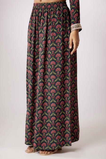 Nadima Saqib Blue Crepe, Net Embroidery, Zari Keyhole Neck Bouquet Print Kurta Palazzo Set Online at Aza Fashions Nadima Saqib_Blue Crepe, Net Embroidery, Zari Keyhole Neck Bouquet Print Kurta Palazzo Set _Online_at_Aza_Fashions