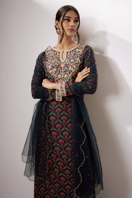 Buy Nadima Saqib Blue Crepe, Net Embroidery, Zari Keyhole Neck Bouquet Print Kurta Palazzo Set Online at Aza Fashions Buy_Nadima Saqib_Blue Crepe, Net Embroidery, Zari Keyhole Neck Bouquet Print Kurta Palazzo Set _Online_at_Aza_Fashions