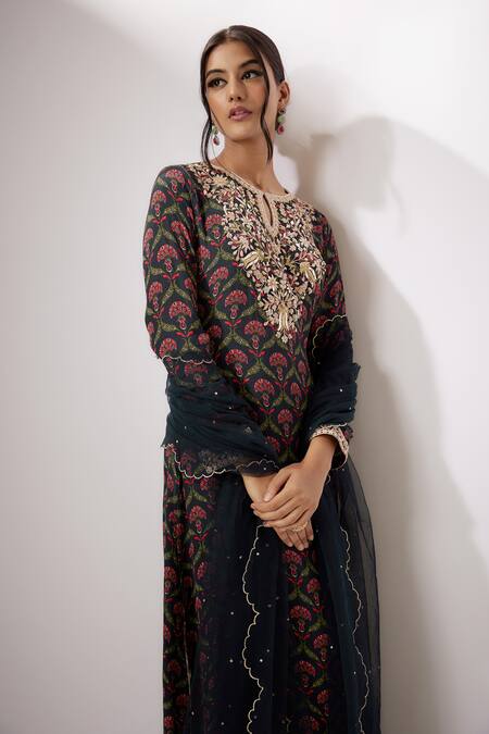 Shop Nadima Saqib Blue Crepe, Net Embroidery, Zari Keyhole Neck Bouquet Print Kurta Palazzo Set Online at Aza Fashions Shop_Nadima Saqib_Blue Crepe, Net Embroidery, Zari Keyhole Neck Bouquet Print Kurta Palazzo Set _Online_at_Aza_Fashions