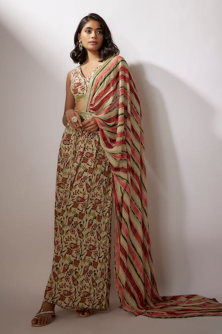 Nadima Saqib_Beige Crepe, Silk Embroidery, Floral Print Draped Pant Saree With Blouse _Online_at_Aza_Fashions