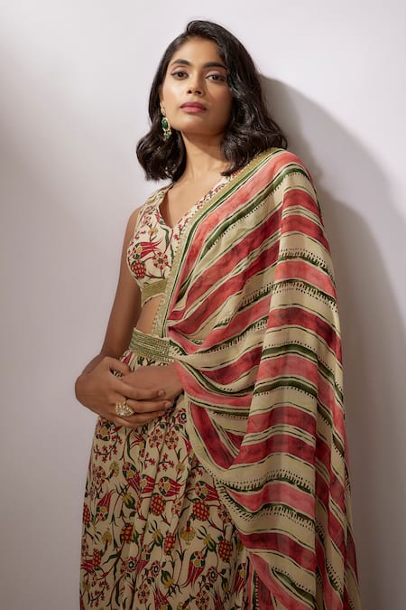 Buy_Nadima Saqib_Beige Crepe, Silk Embroidery, Floral Print Draped Pant Saree With Blouse _Online_at_Aza_Fashions