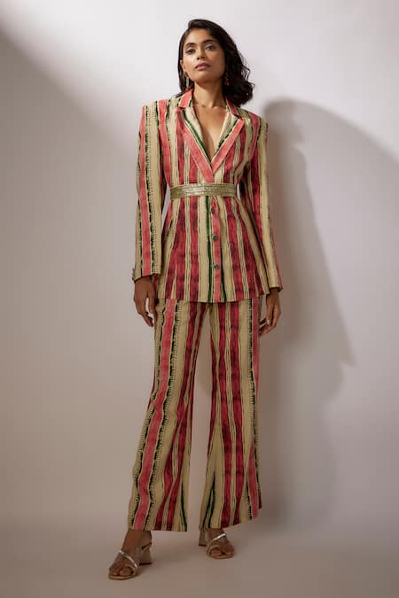 Nadima Saqib Stripe Print Blazer & Pant Set 