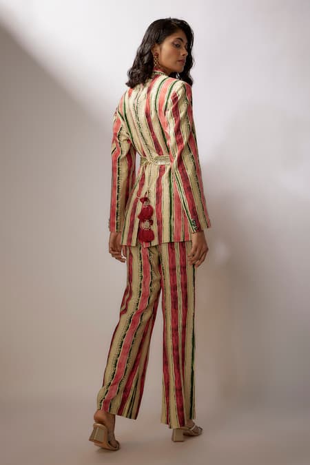 Shop Nadima Saqib Beige Silk Sequins, Embroidery Stripe Print Blazer And Pant Set at Aza Fashions Shop_Nadima Saqib_Beige Silk Sequins, Embroidery Stripe Print Blazer And Pant Set _at_Aza_Fashions