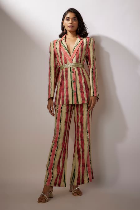 Buy Nadima Saqib Beige Silk Sequins, Embroidery Stripe Print Blazer And Pant Set Online at Aza Fashions Buy_Nadima Saqib_Beige Silk Sequins, Embroidery Stripe Print Blazer And Pant Set _Online_at_Aza_Fashions