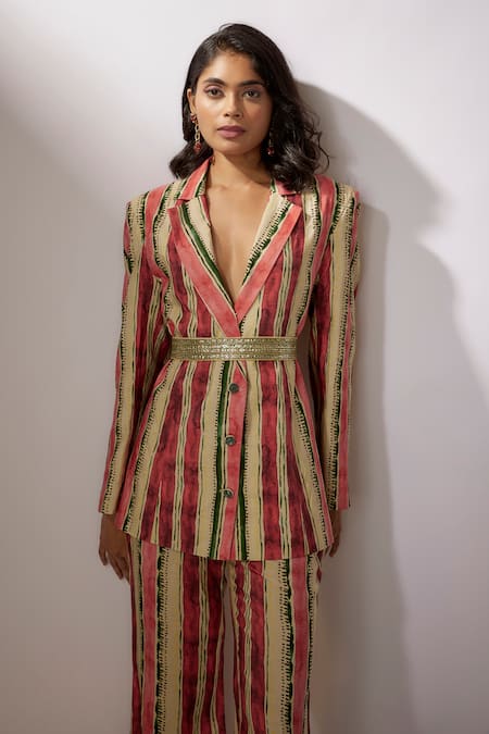 Shop Nadima Saqib Beige Silk Sequins, Embroidery Stripe Print Blazer And Pant Set Online at Aza Fashions Shop_Nadima Saqib_Beige Silk Sequins, Embroidery Stripe Print Blazer And Pant Set _Online_at_Aza_Fashions