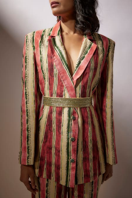 Nadima Saqib Beige Silk Sequins, Embroidery Stripe Print Blazer And Pant Set at Aza Fashions Nadima Saqib_Beige Silk Sequins, Embroidery Stripe Print Blazer And Pant Set _at_Aza_Fashions