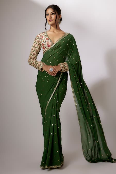 Thread Embroidered Chinon Silk Bottle Green Saree With Peach Blouse –  tapee.in