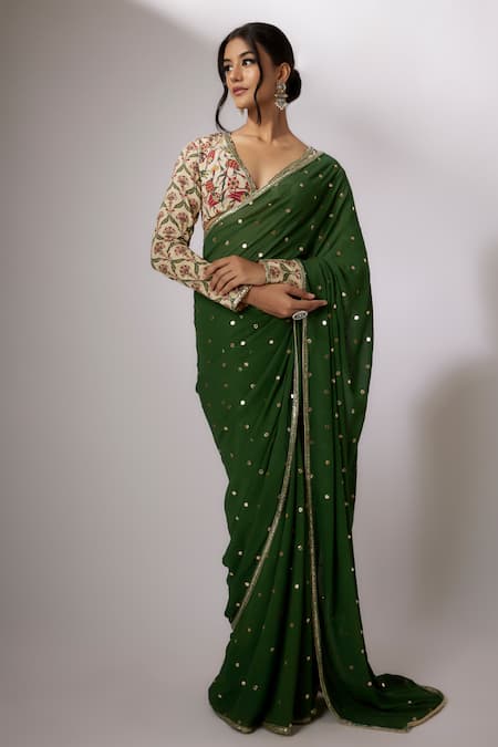 Nadima Saqib Emerald Green Crepe Sequins, Embroidery Plunge Badla Saree With Printed Blouse Online at Aza Fashions Nadima Saqib_Emerald Green Crepe Sequins, Embroidery Plunge Badla Saree With Printed Blouse _Online_at_Aza_Fashions