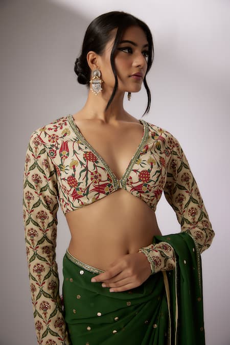 Buy Nadima Saqib Emerald Green Crepe Sequins, Embroidery Plunge Badla Saree With Printed Blouse Online at Aza Fashions Buy_Nadima Saqib_Emerald Green Crepe Sequins, Embroidery Plunge Badla Saree With Printed Blouse _Online_at_Aza_Fashions