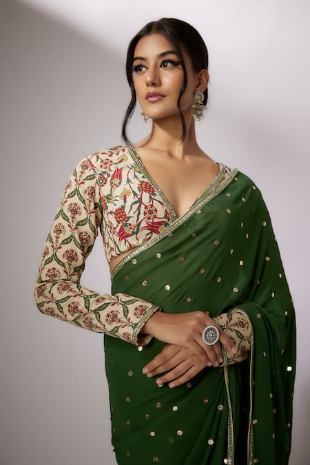 Shop Nadima Saqib Emerald Green Crepe Sequins, Embroidery Plunge Badla Saree With Printed Blouse Online at Aza Fashions Shop_Nadima Saqib_Emerald Green Crepe Sequins, Embroidery Plunge Badla Saree With Printed Blouse _Online_at_Aza_Fashions