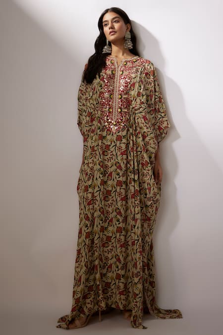 Nadima Saqib_Beige Crepe Zari Split V-neck Botanical Print Kaftan _Online_at_Aza_Fashions