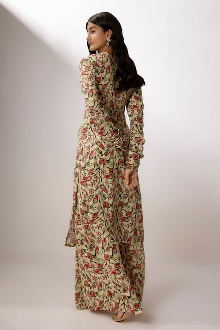 Shop Nadima Saqib Beige Crepe, Organza Embroidery Split V-neck Printed Kurta Palazzo Set at Aza Fashions Shop_Nadima Saqib_Beige Crepe, Organza Embroidery Split V-neck Printed Kurta Palazzo Set _at_Aza_Fashions