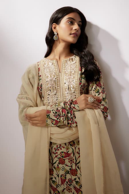 Nadima Saqib Beige Crepe, Organza Embroidery Split V-neck Printed Kurta Palazzo Set Online at Aza Fashions Nadima Saqib_Beige Crepe, Organza Embroidery Split V-neck Printed Kurta Palazzo Set _Online_at_Aza_Fashions