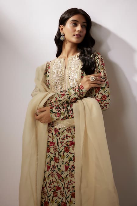 Buy Nadima Saqib Beige Crepe, Organza Embroidery Split V-neck Printed Kurta Palazzo Set Online at Aza Fashions Buy_Nadima Saqib_Beige Crepe, Organza Embroidery Split V-neck Printed Kurta Palazzo Set _Online_at_Aza_Fashions