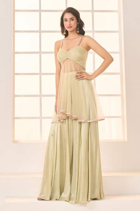 Shop Masumi Mewawalla X AZA Green Gabardine Lace, Embroidery Sweetheart Neck Short Anarkali With Sharara Online at Aza Fashions Shop_Masumi Mewawalla X AZA_Green Gabardine Lace, Embroidery Sweetheart Neck Short Anarkali With Sharara _Online_at_Aza_Fashions