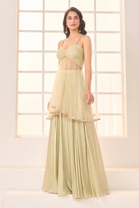 Buy Masumi Mewawalla X AZA Green Gabardine Lace, Embroidery Sweetheart Neck Short Anarkali With Sharara Buy_Masumi Mewawalla X AZA_Green Gabardine Lace, Embroidery Sweetheart Neck Short Anarkali With Sharara