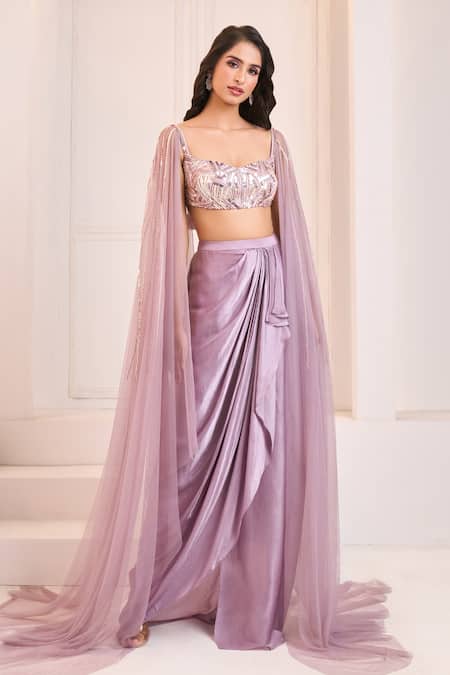 Buy Masumi Mewawalla X AZA Purple Sequins, Cut Work Draped Dhoti Skirt With Embroidered Blouse Online at Aza Fashions Buy_Masumi Mewawalla X AZA_Purple Sequins, Cut Work Draped Dhoti Skirt With Embroidered Blouse _Online_at_Aza_Fashions