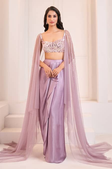 Shop Masumi Mewawalla X AZA Purple Sequins, Cut Work Draped Dhoti Skirt With Embroidered Blouse Online at Aza Fashions Shop_Masumi Mewawalla X AZA_Purple Sequins, Cut Work Draped Dhoti Skirt With Embroidered Blouse _Online_at_Aza_Fashions